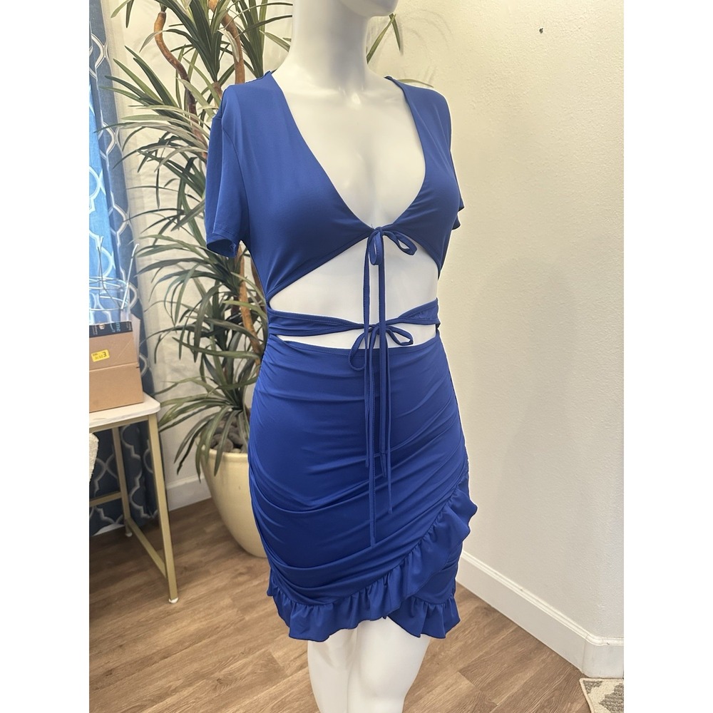 Electric Blue Cut Out Clubwear Dress M/6/8 Bodycon Ruffle Bare Midriff Low Cut - Picture 2 of 9
